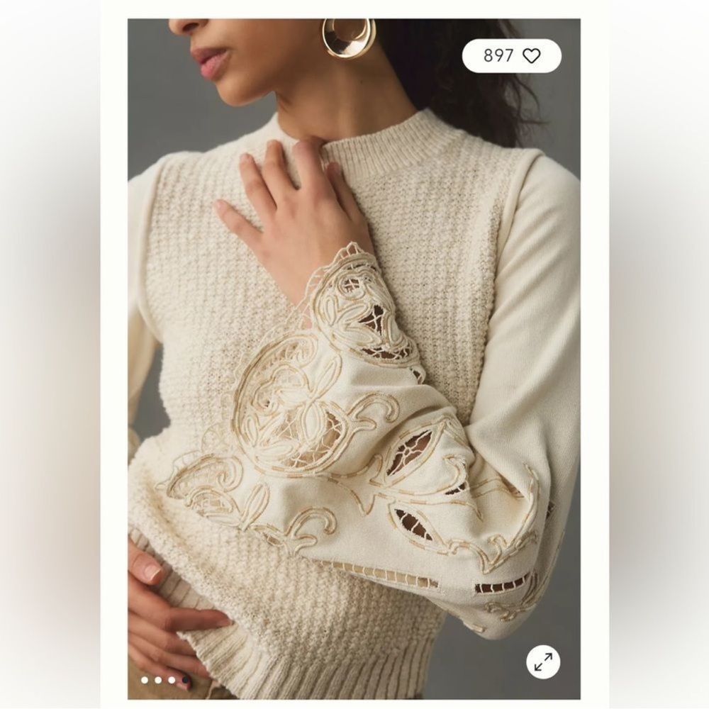 Anthropologie Cotton Lace Bell Sleeve Textured Knit Top size small EUC - Picture 3 of 4